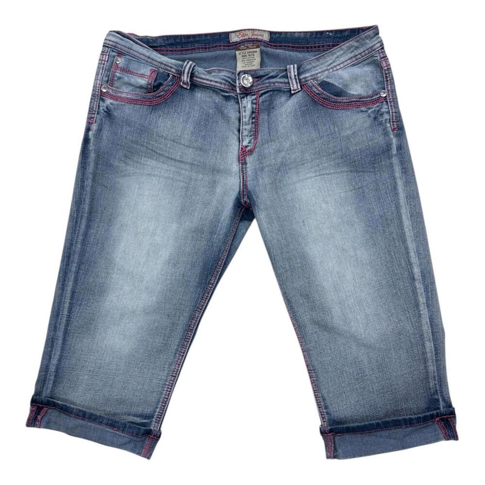y2k low rise denim capris with pink stitching and rhinestone button